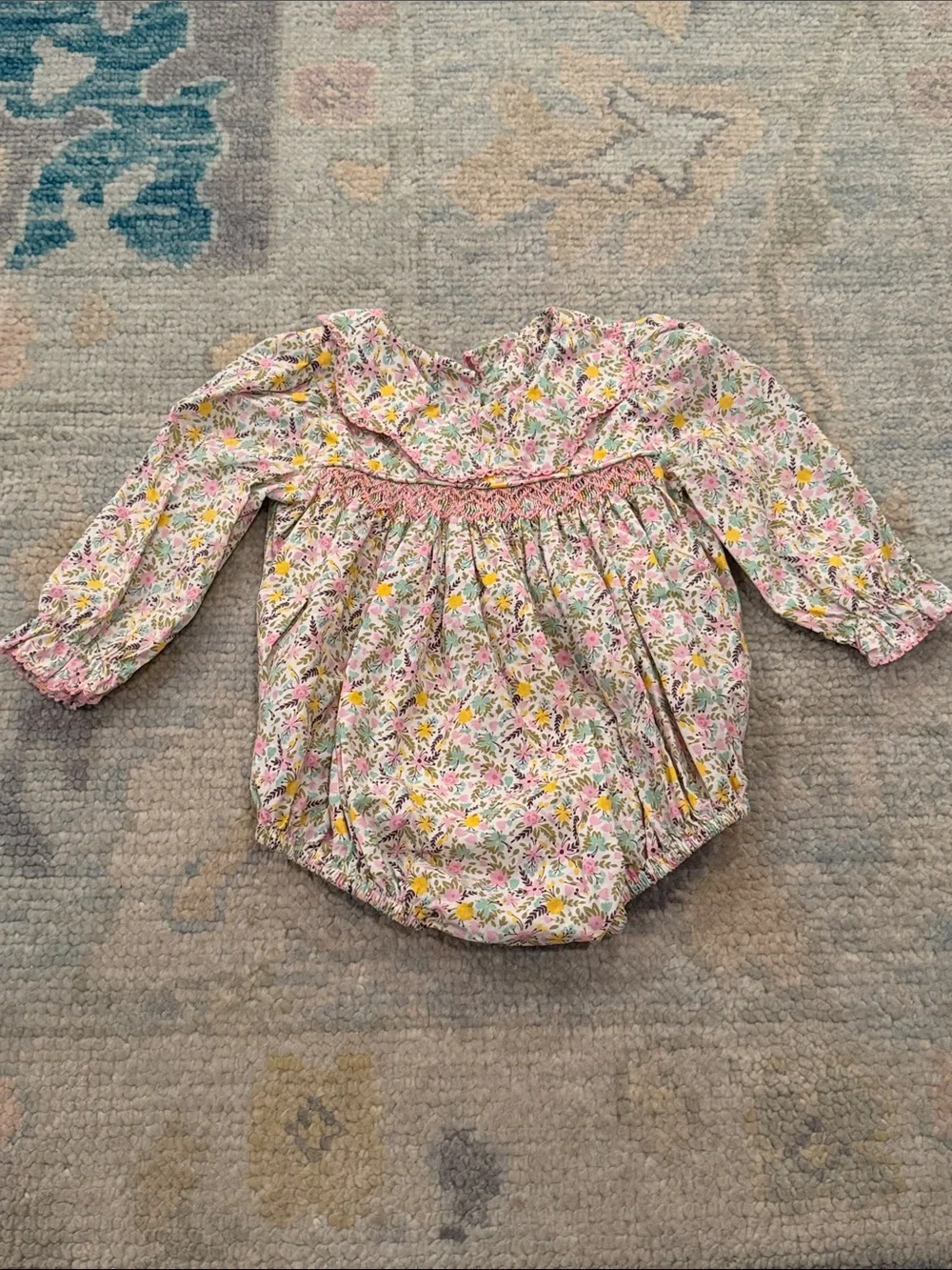 Long-Sleeve Floral Smocked Baby One-Piece - Pink & Yellow